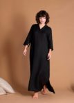 model wearing black linen dress