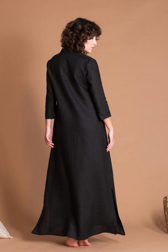 full view back side black linen womens galabeya