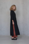 Black Linen Tunic Dress with 3/4 Sleeves with brown pants side view