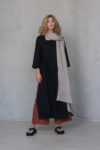 Linen outfit with black long tunic, brown pants and gauze linen scarf