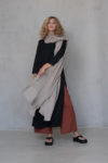 Black Linen Tunic Dress with 3/4 Sleeves with terracotta pants and beige gauze linen scarf