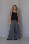 front view AGAM Palazzo Pants in natural linen, displaying the wide-leg cut and high-waisted style