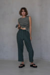 Elastic Waist loose fit linen pants in Green Color