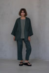 Women's Open Front Linen Jacket and pants set in Hunter Green with light green top