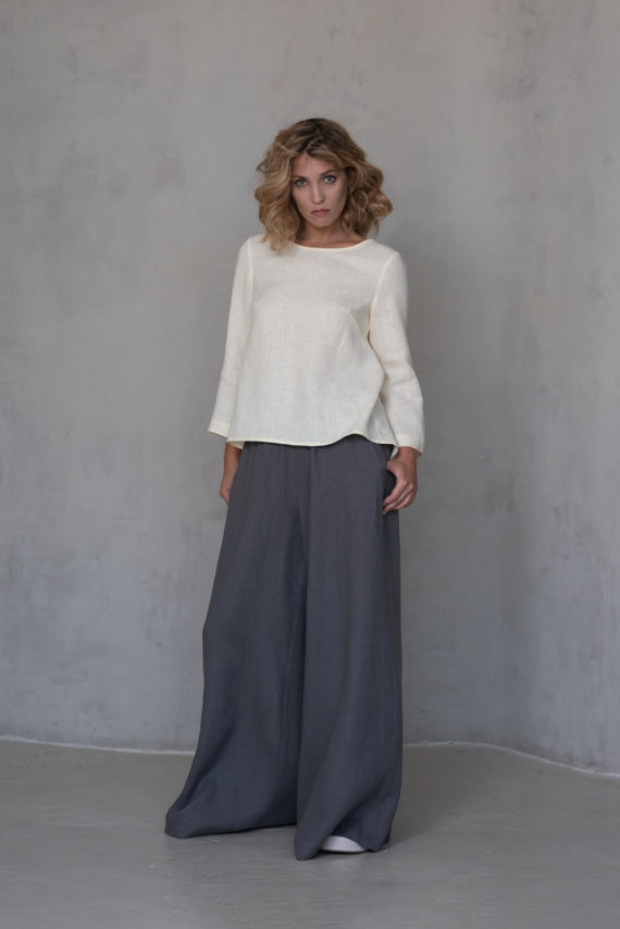 Front view of the AGAM Full-Length Linen Palazzo Pants in Shark Skin Gray, showcasing the wide-leg design and high-waisted fit