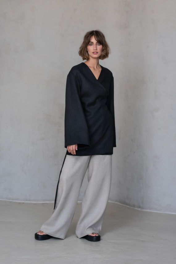 Linen set - Black Wrap Linen Jacket and Beige Pants