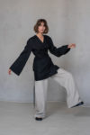 Black Wrap Linen Jacket & Natural Linen Long Pants