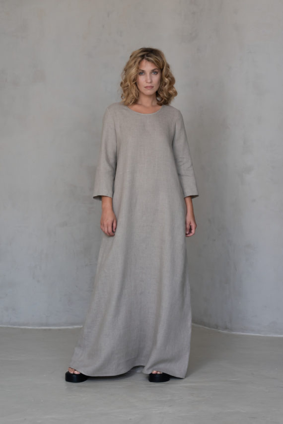 Front view of A-line Maxi Winter Linen Dress RITA in medium-weight linen, perfect for cooler days.