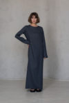 Front view of the Linen Dress BAGA in dark gray, showcasing its elegant long sleeves and minimalist design.