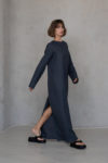 Side view of the Linen Dress BAGA highlighting the sleek silhouette and ankle-length cut.