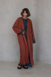 Front view of the KRIS Long Linen Open Front Coat in natural linen, showing ankle-length style and open front design