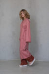 ADAME Linen wrap dress in coral with terracotta pants side view